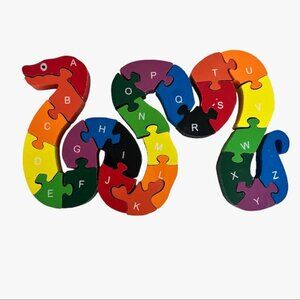 Children's Double Sided Wooden Block Jigsaw Puzzle -Snake - 123 ABC 90's